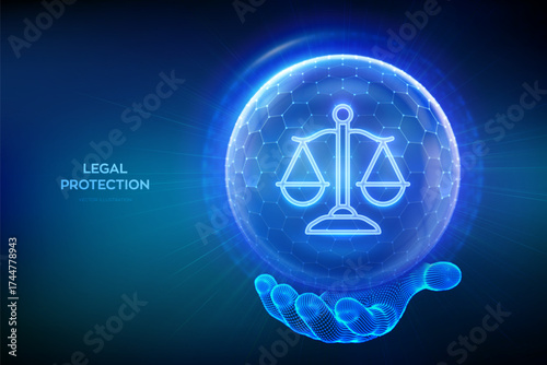 Labor law, Lawyer, Attorney at law, Legal advice. Justice icon inside transparent protection sphere shield with hexagon pattern in hand. Internet law as online legal services. Vector Illustration.