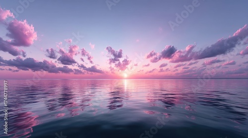 Sunset Sky Reflected in Water with Pink and Purple Clouds at the Horizon and Sunlight Hitting the Water Surface Creating Reflections