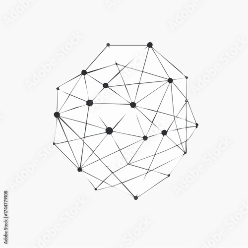 Abstract geometric shape formed by connected dots and lines, creating a complex network on a white background.