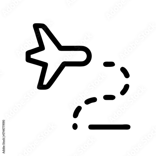 Simple icon of an airplane with a dotted flight path