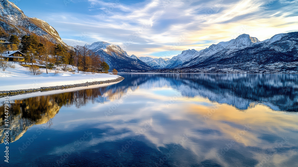 Obraz premium Peaceful lake reflecting snowy peaks under pastel sky creates serene atmosphere