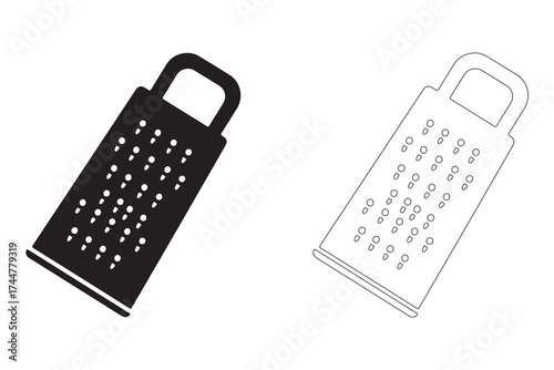 Black and White Illustration of Kitchen Grater in Solid and Outline Style for Culinary Designs and Recipe Illustrations