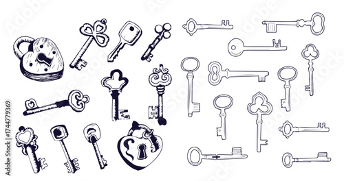 Vector set of hand-drawn antique keys. Illustration in sketch style on white background. Old design