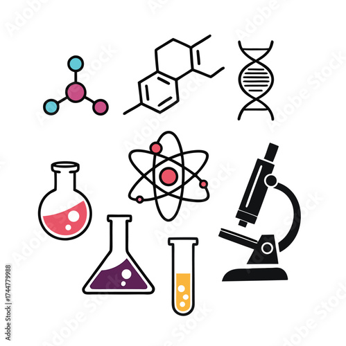 Chemistry icon set. Various colour isolated laboratory science icons. Dna chain, microscope, lab flask molecule and atom symbols. Science laboratory icons on white background ,illustration icon

