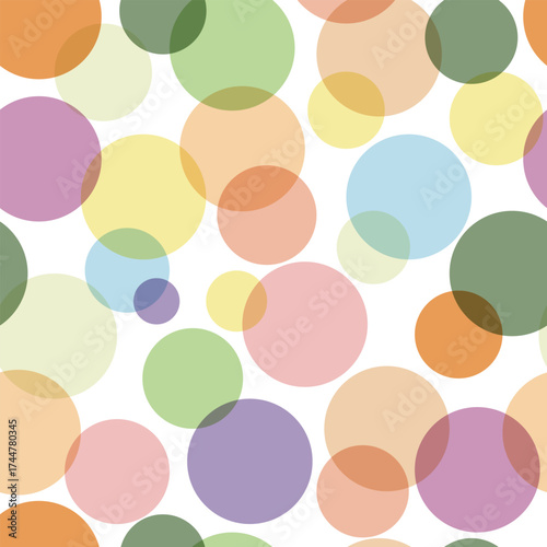 Multicolored circles arranged randomly on a white background form a seamless pattern. Vector.