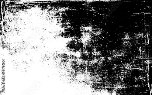 Grunge black and white seamless pattern. Monochrome abstract texture. Background of cracks, scuffs, chips, stains, ink spots, lines. Dark design background surface. 