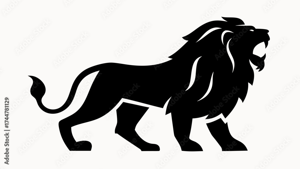Obraz premium A fierce lion roaring with its mane flowing in a black silhouette against a white background illustration