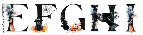 Halloween alphabet letter E F G H I with watercolor illustrations
