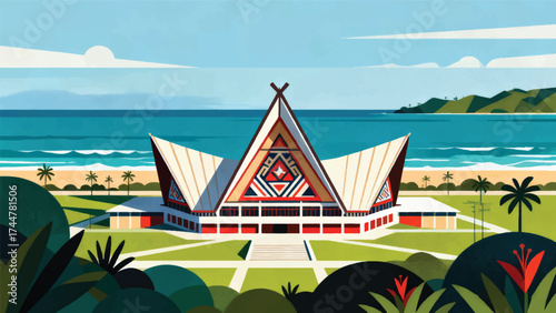 Illustration Of The Papuan Parliament Building In The Form Of A Traditional House With A Beach View Vector Design Template