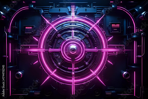 Digital artwork in cybersigilism style, combining tribal sigils, futuristic cyberpunk elements, and abstract mysticism. Perfect for themes of digital art, occult futurism, virtual reality, and modern 