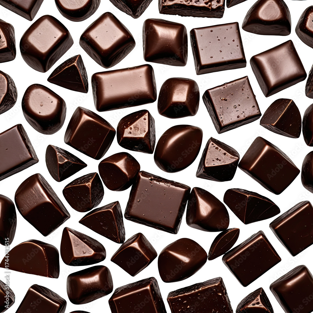 Fototapeta premium Dark, shiny chocolates scattered, assorted shapes, rich and tempting view