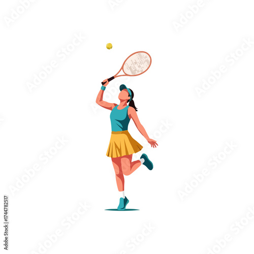 Female tennis player hitting ball during match, vector illustration