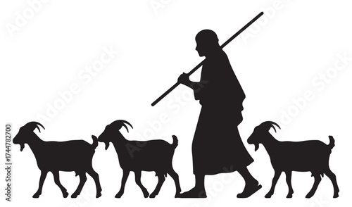 Black silhouette of a shepherd with a staff leading a small flock of three walking goats.