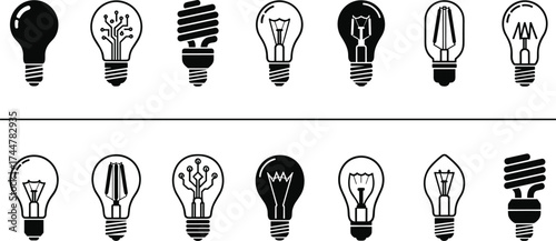 Set of 16 stylized light bulb icons with varied filament designs and structural patterns arranged in two-row grid layout