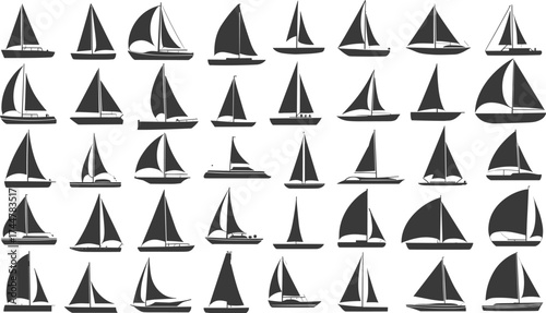 Set of 35 black and white sailboat icons with diverse sail shapes, hull styles, and nautical design variations