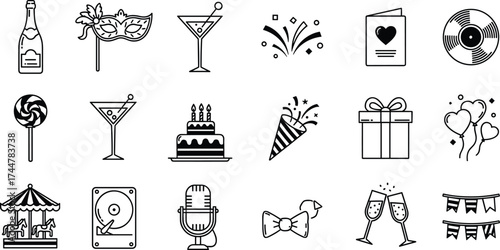 Set of 20 black-and-white celebration icons including champagne, cake, mask, microphone, balloons, gifts, and party elements