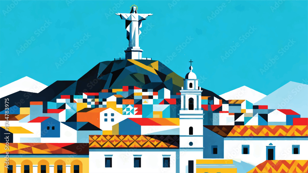 Naklejka premium Illustration Of A Colonial City In The Mountains With The Statue Of The Virgin Of El Panecillo Vector Design Template