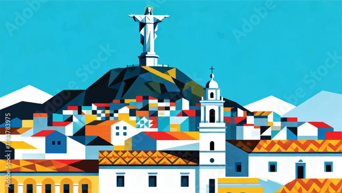 Illustration Of A Colonial City In The Mountains With The Statue Of The Virgin Of El Panecillo Vector Design Template