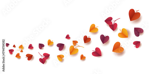 Colorful flying autumn leaves in the shape of a folded paper heart. A wave of 3D leaves on a white background. Vector illustration.