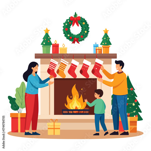 Family Decorating Fireplace with Christmas Stockings and Festive Decorations.