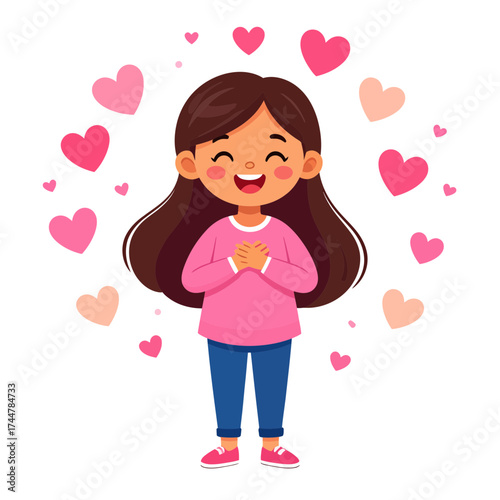Girl expressing gratitude surrounded by hearts a heartwarming illustration.