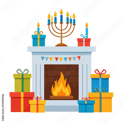 Hanukkah Celebration with Menorah Fireplace and Gifts.