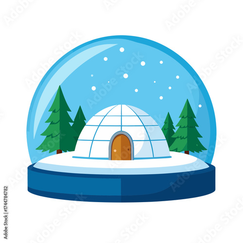 Igloo in a Snow Globe with Evergreen Trees and Snowflakes.
