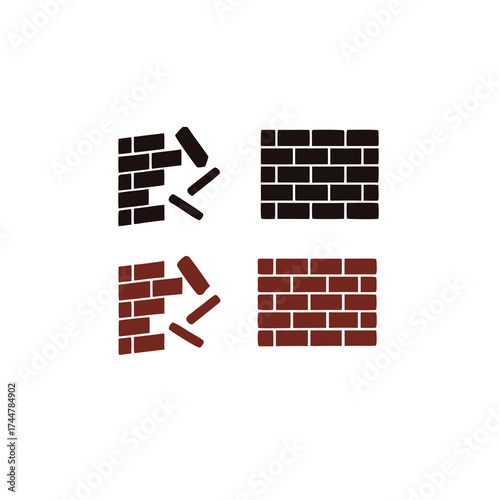 simple under construction icon, vector flat design unsafe building break down brick wall with falling bricks broken. simple square strong brick wall pieces icon, building structure pattern flat vector