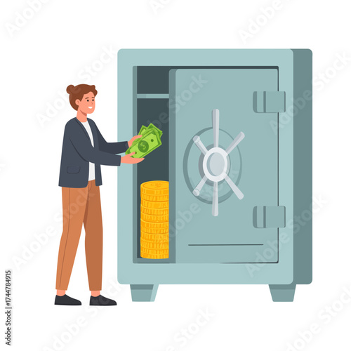 Person Placing Money into a Safe for Security.