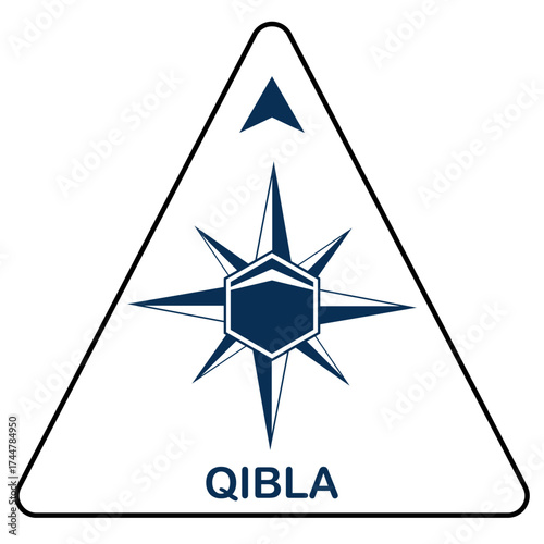 Qibla compass icon with arrow and star, designed in bold blue. Represents prayer direction, Islamic guidance, and modern identity in Arab religious environments.