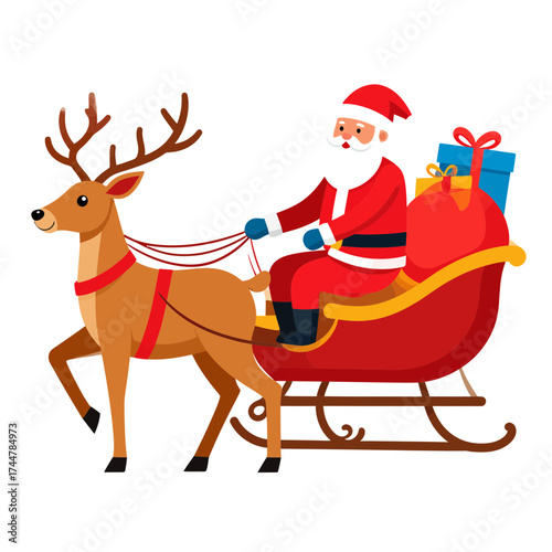 Santa Claus riding sleigh pulled by reindeer with gifts Christmas illustration.