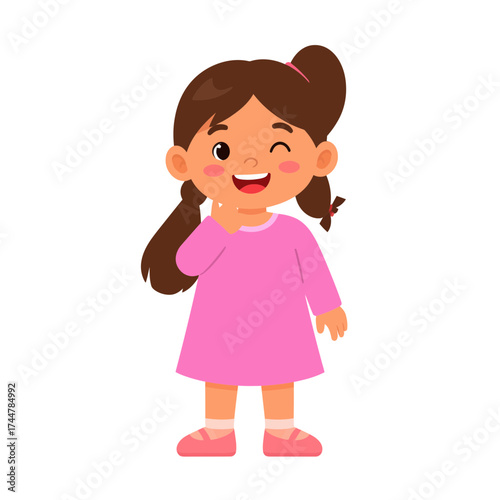 Winking Girl in Pink Dress A Cheerful Cartoon Character.