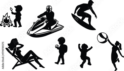 Set of black silhouette icons showing people enjoying beach and outdoor activities like surfing, jet skiing, camping, and relaxing