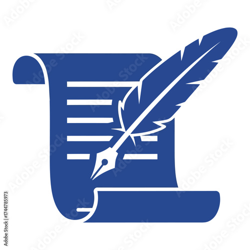 Vector art of blue quill pen writing on scroll icon