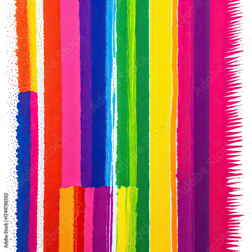 Colorful vertical stripes of paint in rainbow spectrum order on black canvas