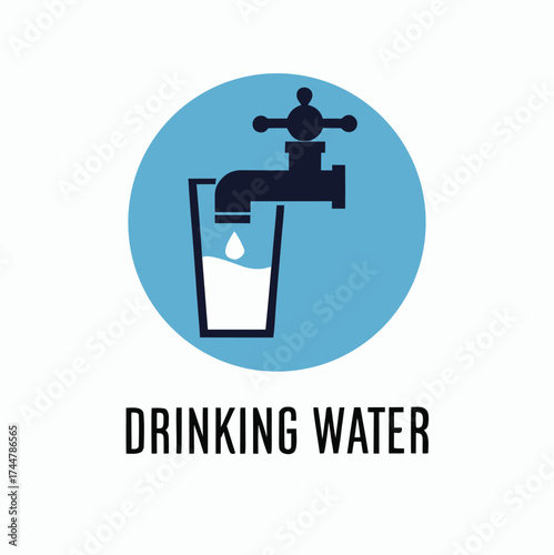 Tapping water drops on a glass. Drinking water sign. Safe water to drink sign. Vector sign isolated on a blue circled background.

