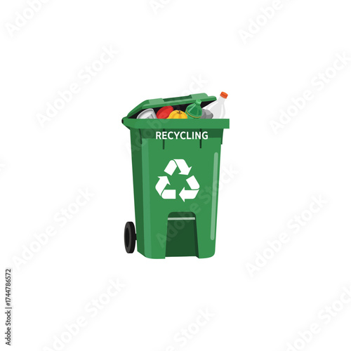 A green wheeled recycling bin overflowing with recyclable materials like plastic bottles and cans.
