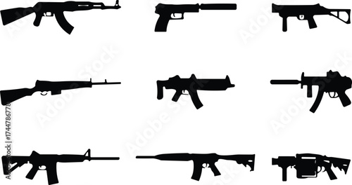 Set of nine black firearm silhouettes including rifles, submachine guns, and shotguns for weapon identification and design reference