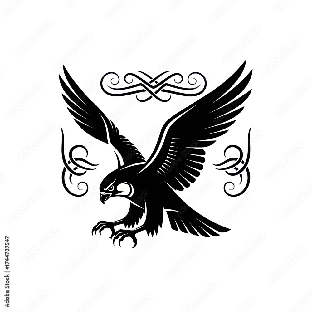 Obraz premium Black silhouette of a majestic eagle in flight with outstretched wings and sharp talons.