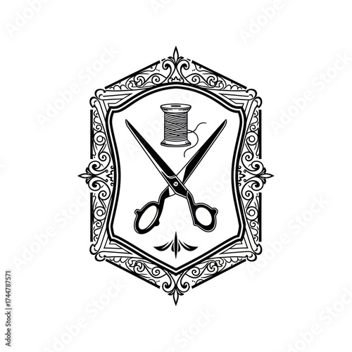 Classic Sewing and Tailoring Crest with Scissors and Bobbin.