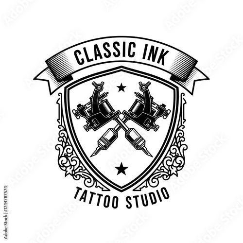 Classic Ink Tattoo Studio Emblem with Tattoo Machines.