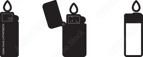 Black and White Lighter Collection with Open and Closed Designs Featuring Flame Icons Minimalist Style Illustration