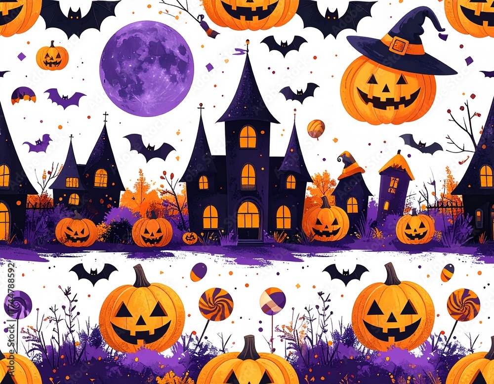 Fototapeta premium AI Generative Seamless Halloween pattern with haunted houses, jack-o'-lanterns, bats, and a purple moon.