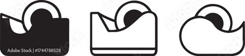 Collection of Black and White Tape Dispenser Illustrations for Office Supplies and Stationery Needs in Simple Line Art Style