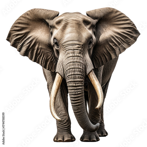 Majestic elephant portrait with massive tusks, viewed from a low angle
