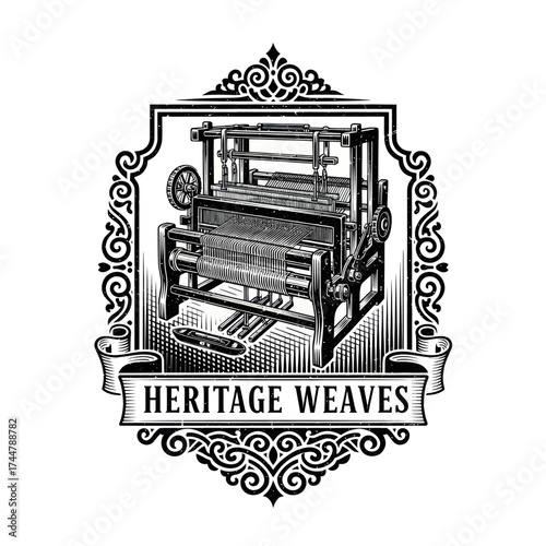 Intricate Black and White Illustration of a Vintage Weaving Loom.