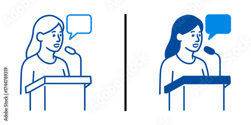 Public Speaking Illustration: A woman delivers a speech from a podium, her words amplified by a microphone, the illustration conveys clear communication and public speaking.