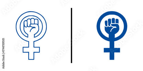 Feminist Symbol: A strong symbol representing feminism, with a female symbol featuring a clenched fist raised inside of it, split into two versions, signifying strength, unity.