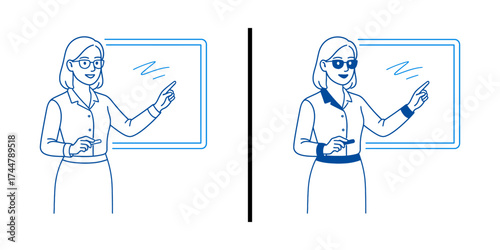Instructional Moment: A split-screen perspective reveals a woman, captured mid-gesture as she delivers instructions, pointing towards a display with clarity.