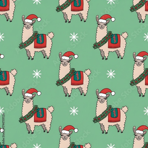 Festive christmas llama wearing a santa hat and scarf pattern on a green background with snowflakes